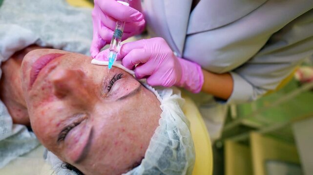The cosmetologist performs an injection in the area under the patient's eyes, the skin is slightly reddened, and pink gloves emphasize the cleanliness and accuracy of the procedure.