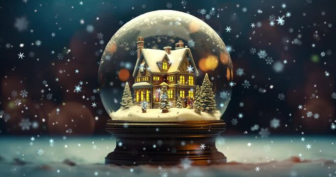 Small building model inside snowglobe and blurred lights on background. Winter seasonal 4K loop animation for advertisement.