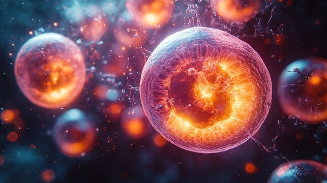 Vibrant depiction of cells with glowing elements, illustrating biological processes. - Powered by Adobe