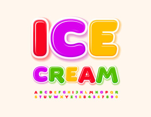 Vector advertising flyer Ice Cream. Colorful Glossy Font. Bright Kids Alphabet Letters and Numbers set.