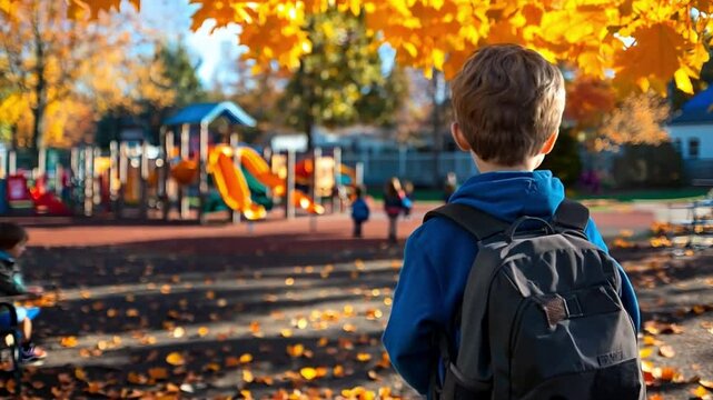 Child in jacket exploring playground park with kids on crisp autumn day,