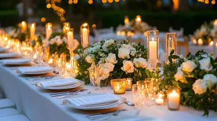 Wedding banquet table set with candles white linens and floral arrangements at an outdoor reception