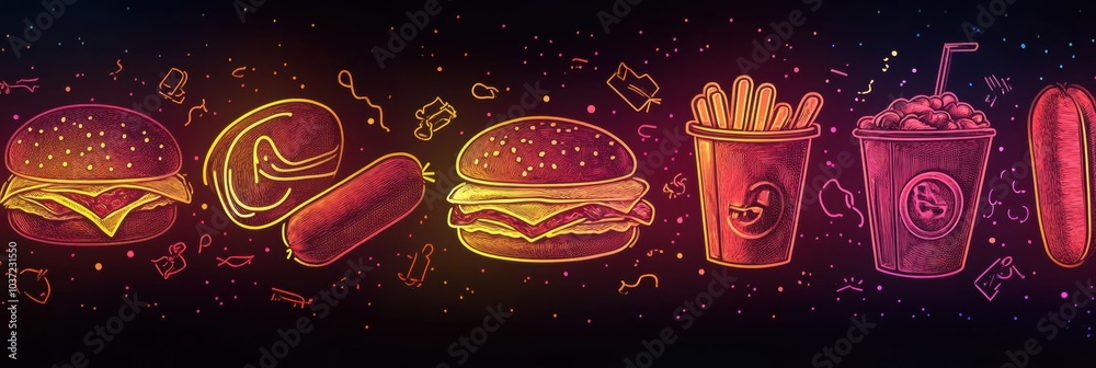 Poster this artwork features neon outlines of popular fast-food items illuminated vividly against a dark ba