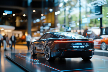 Innovative automotive design showcased in a high-tech exhibition with a focus on futuristic features and performance metrics