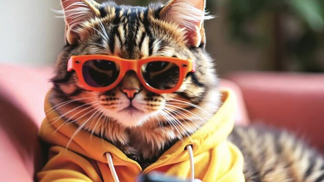 Cool stylish tabby cat in orange sunglasses and yellow hoodie lounges on pink sofa, engrossed in smartphone. Close-up shot of feline's funny judgmental expression.
