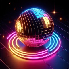 a vibrant shiny disco ball on a black background. 3D rendering. Neon lights