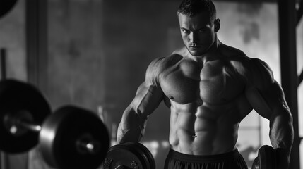 Black-and-white photo of a muscular man training with dumbbells in a gym