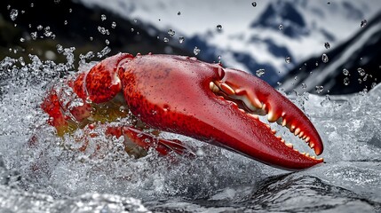 Fototapeta premium Close-up of a red crab claw emerging from the water with water droplets splashing around it.