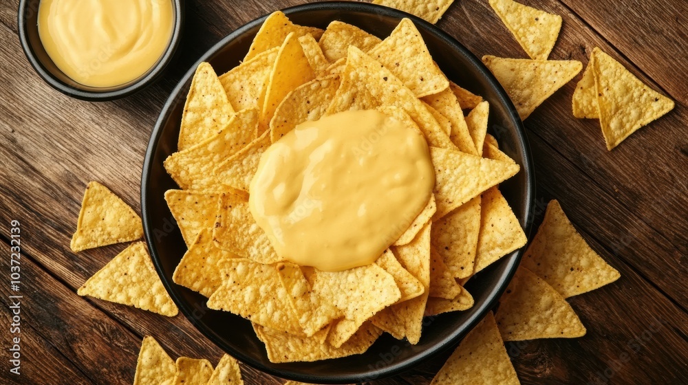 Poster a generous serving of crispy corn chips is lavishly smothered in creamy cheese sauce, perfect for sh