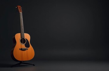 Acoustic guitar on a stand on black floor, black background, space for text