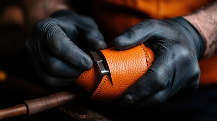 Craftsmanship in action as artisan shapes leather pouch with precision tools