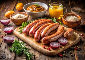 Fresh Raw Sausages on Wooden Board - Perfect Ingredients for Hot Dogs and BBQ Delights