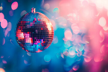 Obraz premium Shiny colorful disco ball with lights, with copy space.
