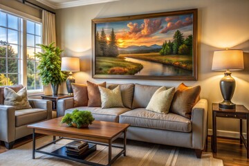Fototapeta premium Cozy living room with couch armchair and sunset landscape painting