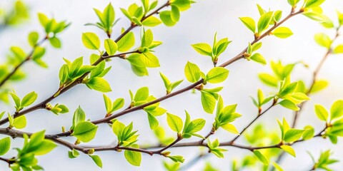 Fresh Spring Branches with Green Leaves on White Background - Nature's Vibrant Foliage