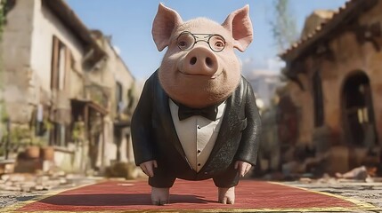 A pig wearing a tuxedo and glasses stands on a red carpet in front of a village.