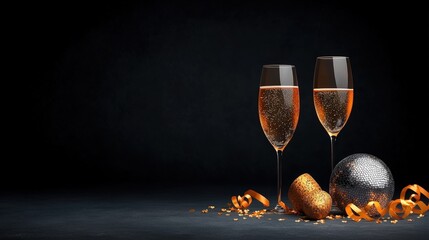 Two elegant champagne glasses with festive decorations on a dark background.