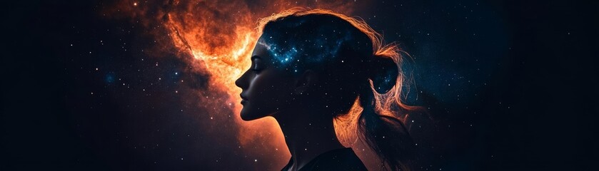 Female figure in profile with flowing hair, set against a glowing nebula, representing the connection between humanity and the universe, cosmic connection, universe beauty