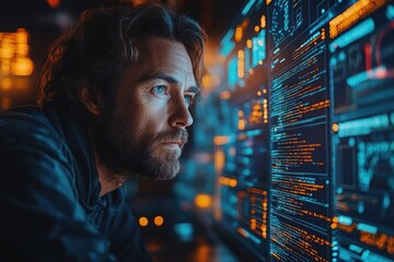 A focused individual analyzes data on multiple screens in a high-tech environment.