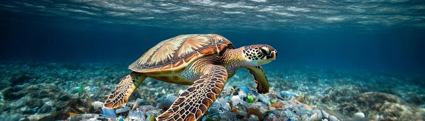 Obraz premium Plastic-filled ocean with a turtle surrounded by debris, showcasing the critical environmental issue of marine pollution, plastic crisis, ocean conservation