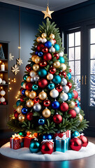 Fototapeta premium winter decorations feature christmas tree surrounded colorful balls festive lights holiday season