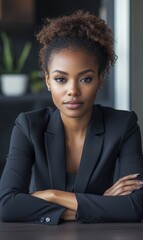 A woman in a black suit looks at the camera.