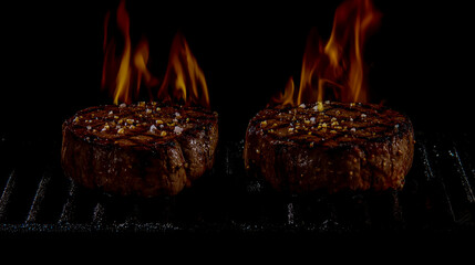 Two steaks on the grill with flames, digital photograph, black background.