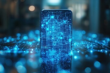 A smartphone displaying a digital data visualization in a futuristic setting.