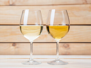 Fototapeta premium Red and white wine pouring on wood background