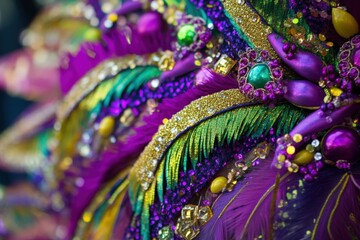 Close up of a vibrant and elaborate mardi gras costume, featuring colorful beads, feathers, and sequins