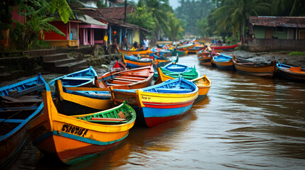Obraz premium A river lined with colorful boats, bustling with activity and life.