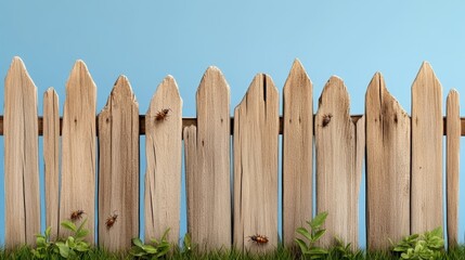 Fototapeta premium Wooden fence with green grass against a blue sky, isolated background.