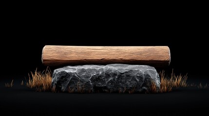 Wooden log balanced on a rock, surrounded by grass, black isolate background.