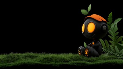 A cute robot character sitting on grass, with vibrant orange accents and greenery.