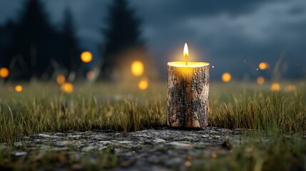 A glowing candle on a wooden stump surrounded by grass at dusk.