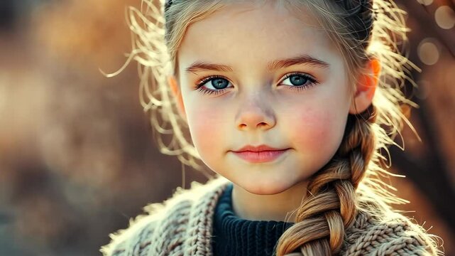 A young girl with blonde hair and blue eyes stares directly at the camera