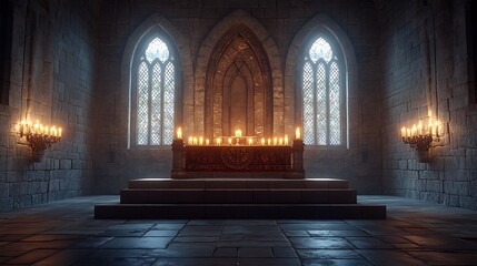 Obraz premium A dimly lit chapel with stone walls, arched windows, and a wooden altar. Candles on the altar and on the walls provide the only source of light.