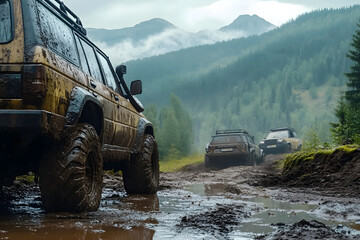 Muddy cars and wheels in the mountains with swamp on tires offroad trips in Ukraine with view of Carpathian Mountains