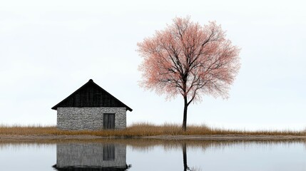 A tranquil scene with a rustic house and a pink tree by a calm water body.