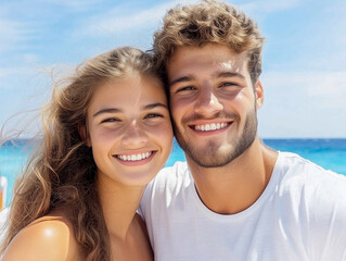 Fototapeta premium Romantic couple smiling and cuddling on a sunny day 
