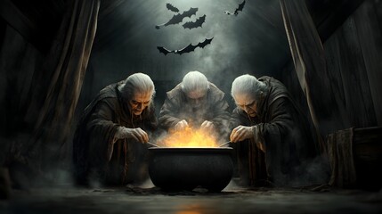 Three old hags hunched over a bubbling cauldron casting an ominous glow in a dimly lit medieval inspired cottage  Bats flutter overhead casting eerie shadows as the firelight flickers