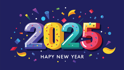Naklejka premium Happy New Year 2025 in Bold Shimmering Letters with Confetti Falling on Dark Blue Background Vector