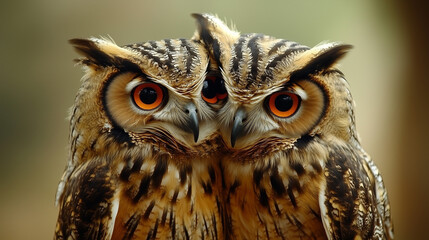 Obraz premium Two owls sitting closely together against a natural background with large orange eyes