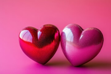 Obraz premium Two shiny red and pink hearts are standing on a pink background for valentine's day