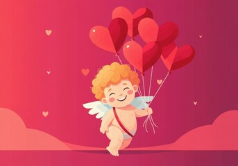 Cupid running and holding balloons on a red background, perfect for valentine's day projects
