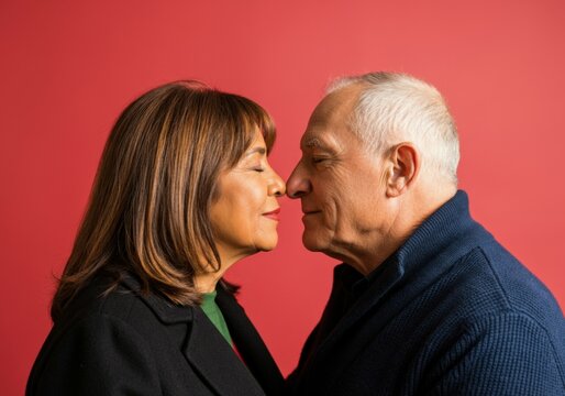 Senior couple is sharing a tender moment, their noses touching as they enjoy each other's company on valentine's day