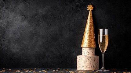 Celebration elements: gold party hat, champagne glass on black backdrop.