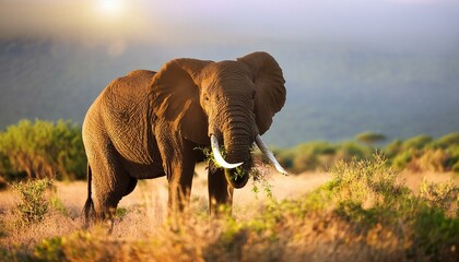 Obraz premium Elefant in der Savanne beim Genießen seiner Mahlzeit