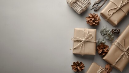 Fototapeta premium A winter gift wrapping station featuring kraft paper, natural decorations, and vintage scissors.