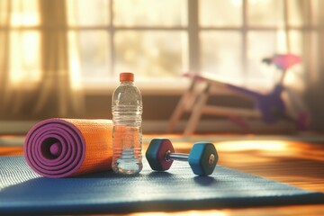 Fitness equipment is lying on exercise mat with sun shining through window in home gym